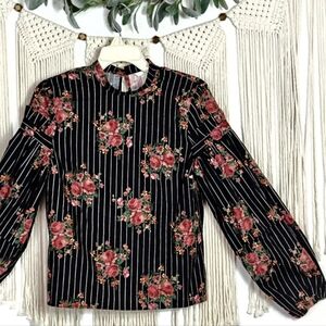 H&M Pinstripe Rose Floral Blouson Sleeve Fine Woven Cotton Blouse w Ruffles 💞